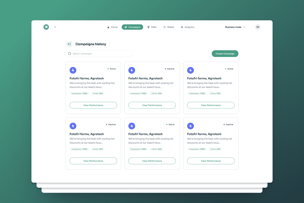 Apvertise — comprehensive dashboard, campaigns history grid