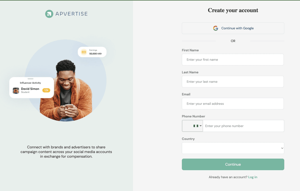 Apvertise — the redesigned sign up screen