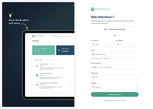 Apvertise — before state: original signup with no niche signal