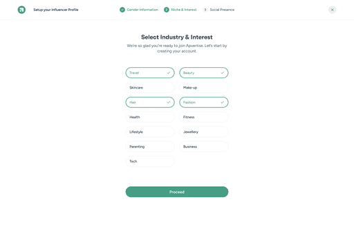 Apvertise — influencer onboarding, select niche & interests