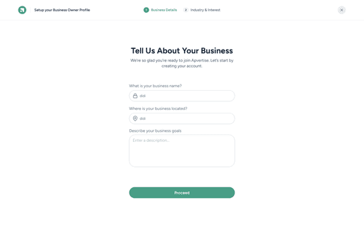 Apvertise — business owner setup, business details