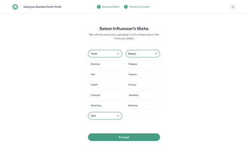 Apvertise — business owner selects influencer niches to target