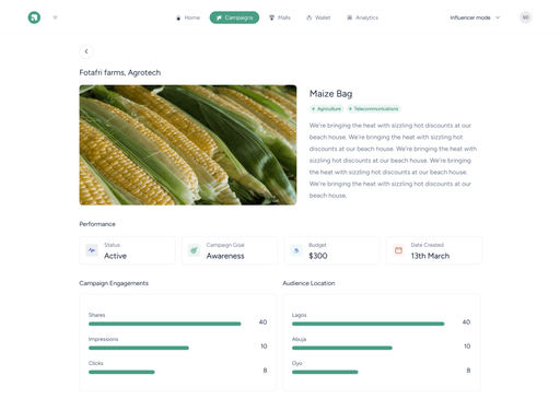 Apvertise — per-campaign analytics with status, reach, engagement
